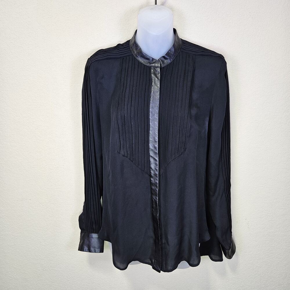 Haute Hippie 100% Silk Blouse S Leather Trim Tuxedo Pintuck Black Sheer Luxury - Picture 3 of 16